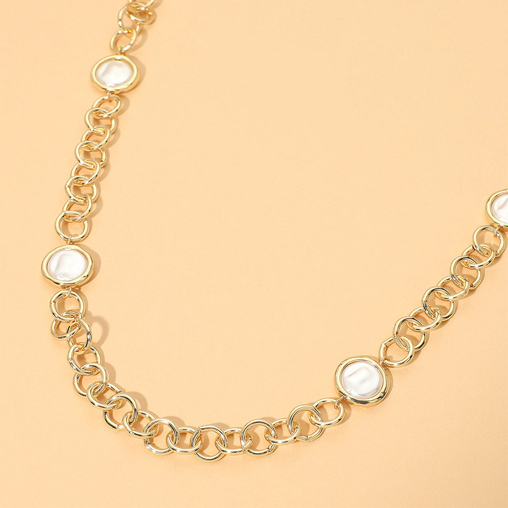 Madeline Love Cream, Gold Pearl Disc Station Link Chain Long Necklace