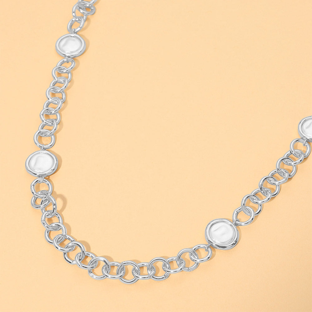Madeline Love Cream, Rhodium Pearl Disc Station Link Chain Long Necklace