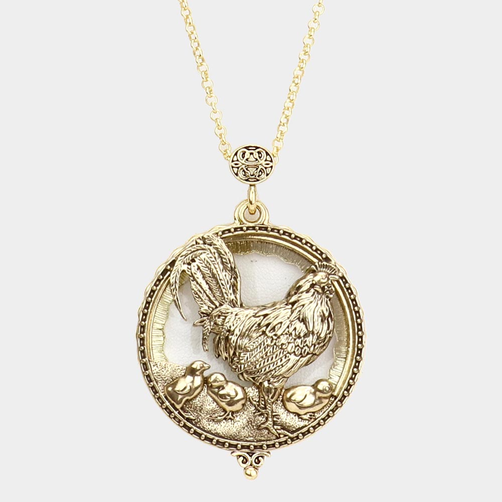 Madeline Love Gold Antique Metal Rooster Magnifying Glass Pendant Long Necklace - Necklaces