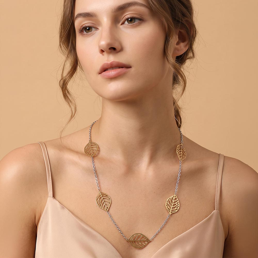 Madeline Love Gold, Rhodium Openwork Metal Leaf Station Long Necklace