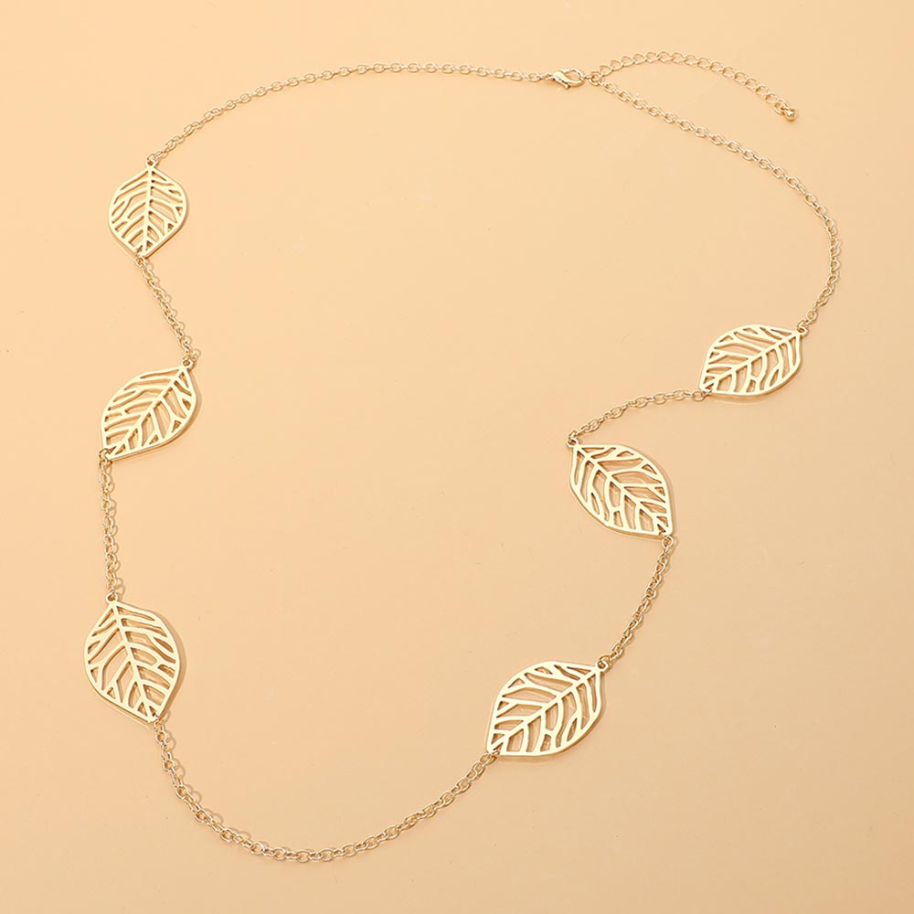 Madeline Love Gold Openwork Metal Leaf Station Long Necklace