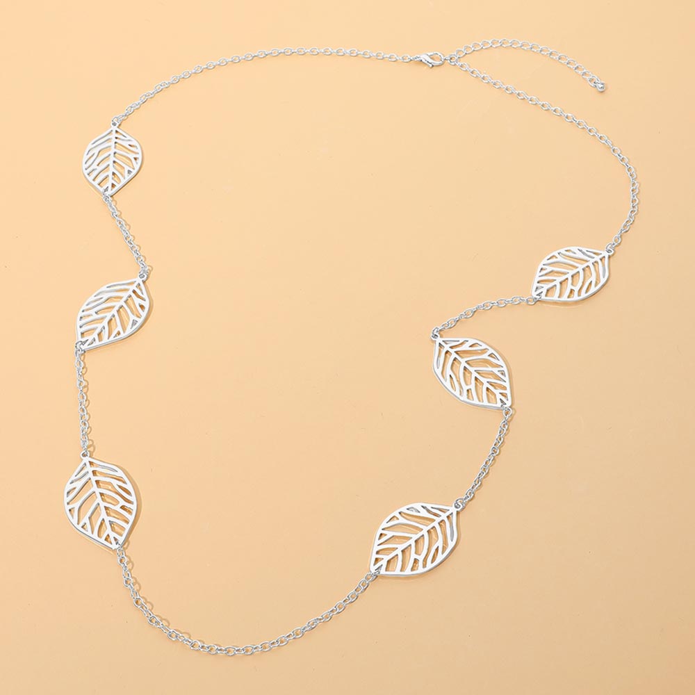 Madeline Love Rhodium Openwork Metal Leaf Station Long Necklace
