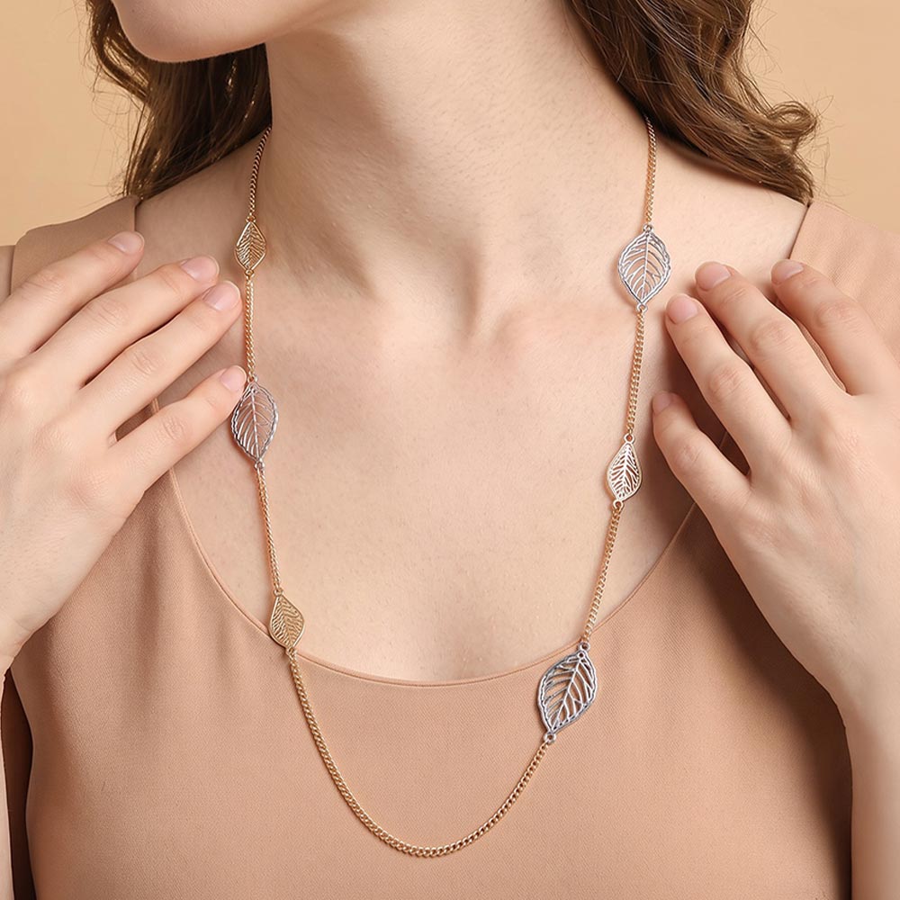 Madeline Love Gold, Rhodium Openwork Metal Leaf Station Long Necklace