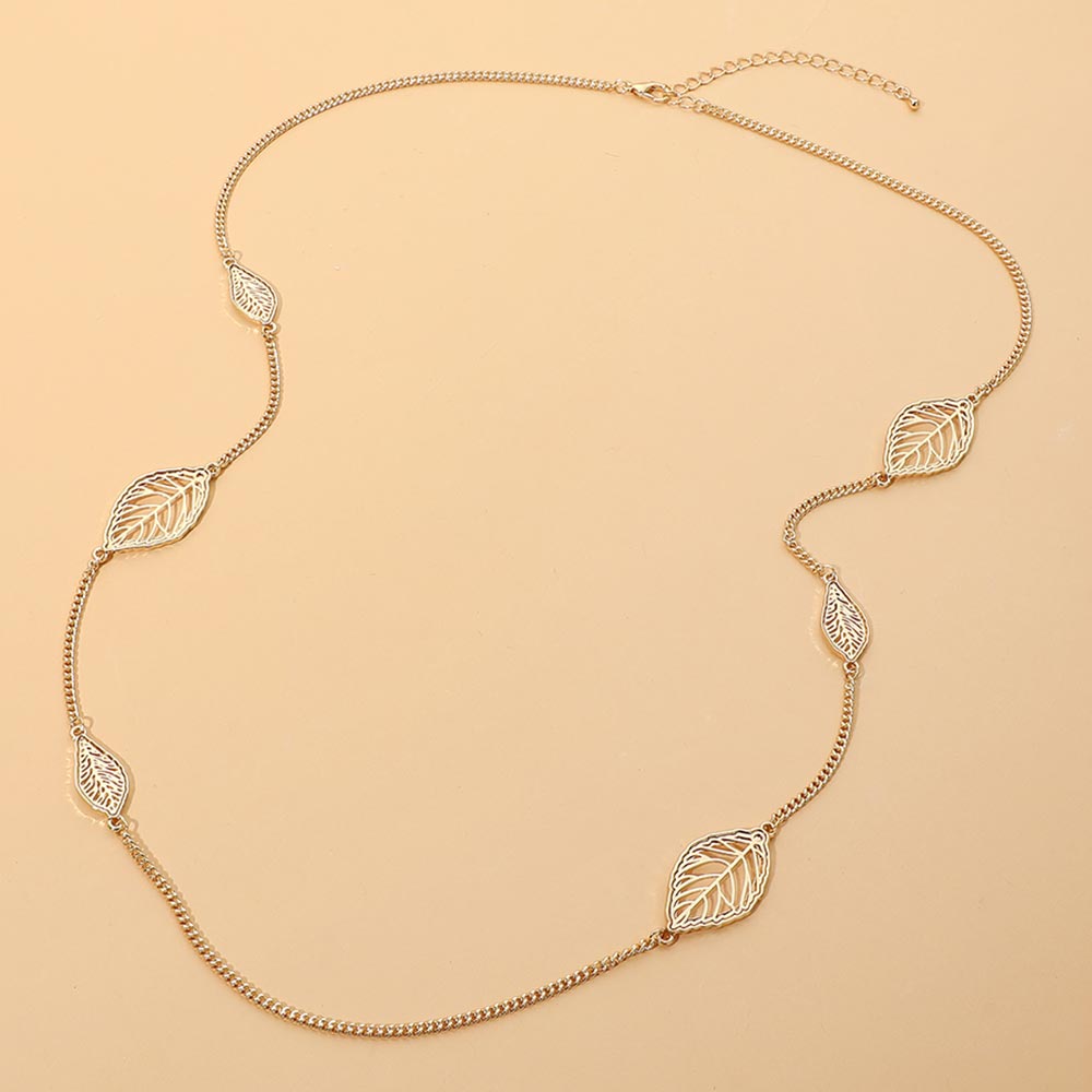 Madeline Love Gold Openwork Metal Leaf Station Long Necklace