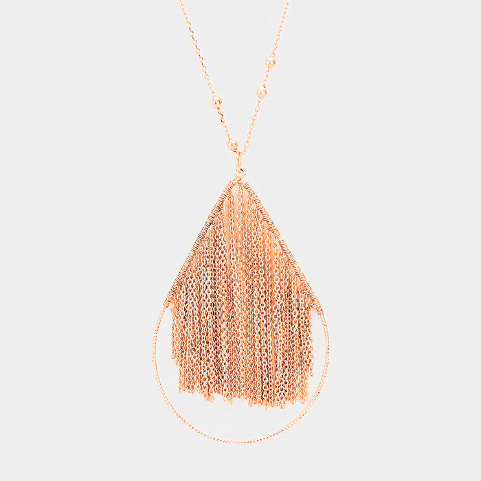 Madeline Love Rose Gold Metal Chain Fringe Teardrop Hoop Pendant Long Necklace - Necklaces