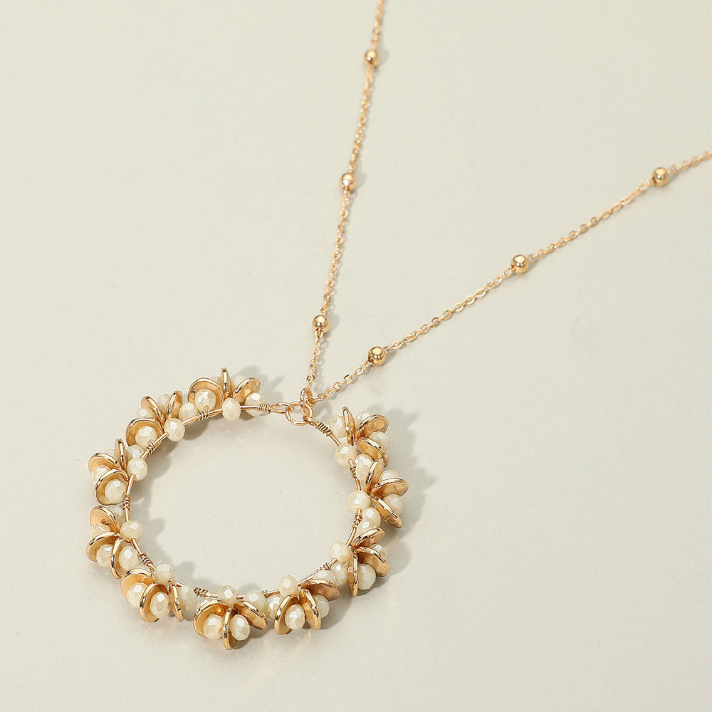Madeline Love Ivory Metal Disc Faceted Beaded Open Ring Pendant Long Necklace - Necklaces