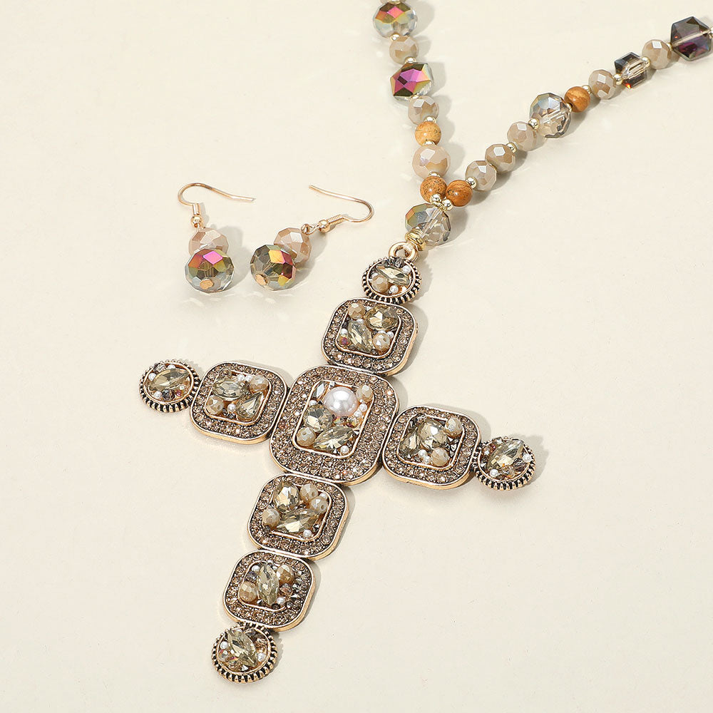 Madeline Love Beige Stone Pearl Embellished Cluster Cross Pendant Faceted Beaded Long Necklace - Necklaces