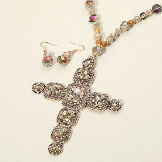 Madeline Love Beige Stone Pearl Embellished Cluster Cross Pendant Faceted Beaded Long Necklace - Necklaces