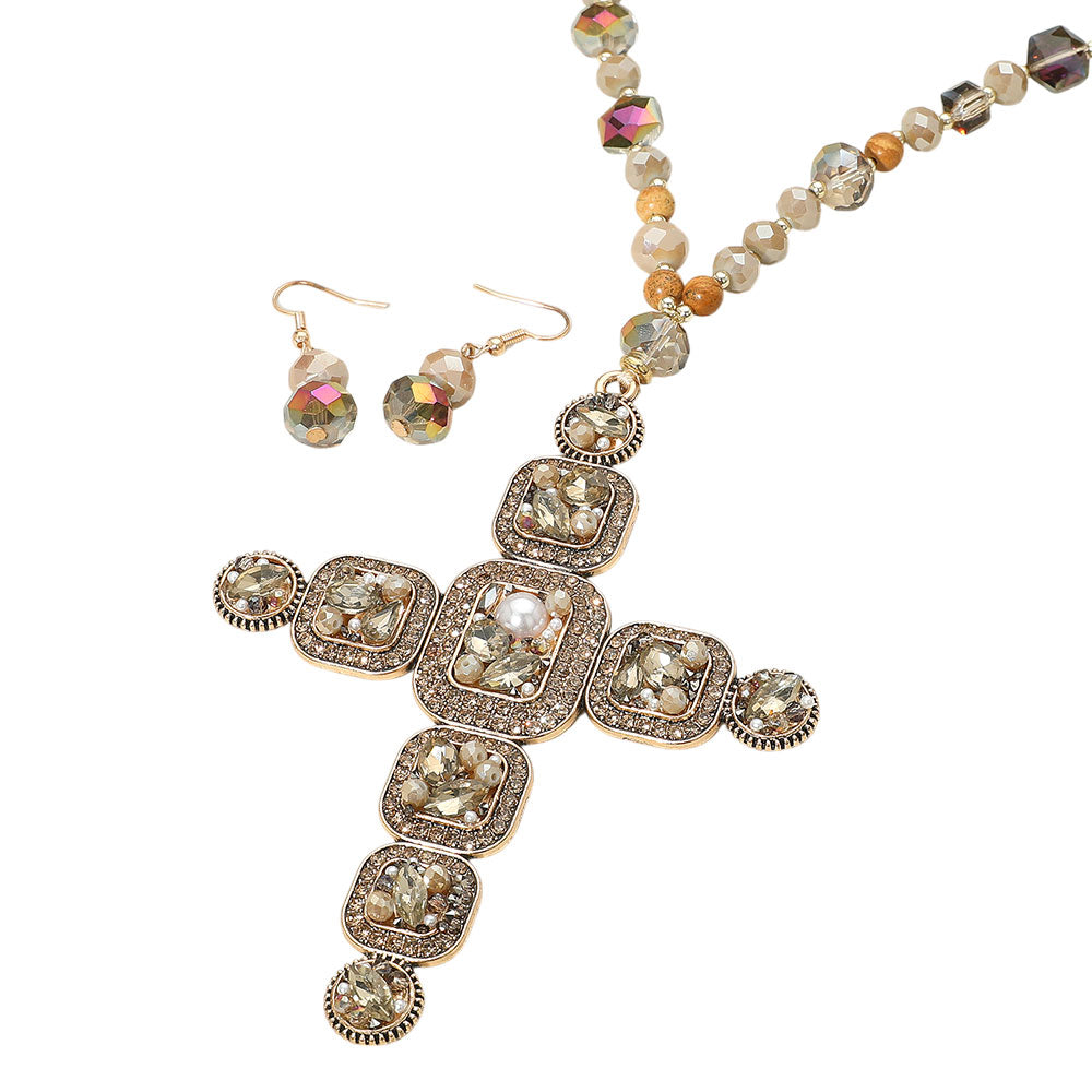 Madeline Love Beige Stone Pearl Embellished Cluster Cross Pendant Faceted Beaded Long Necklace - Necklaces - desc