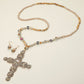 Madeline Love Beige Stone Pearl Embellished Cluster Cross Pendant Faceted Beaded Long Necklace - Necklaces - extra
