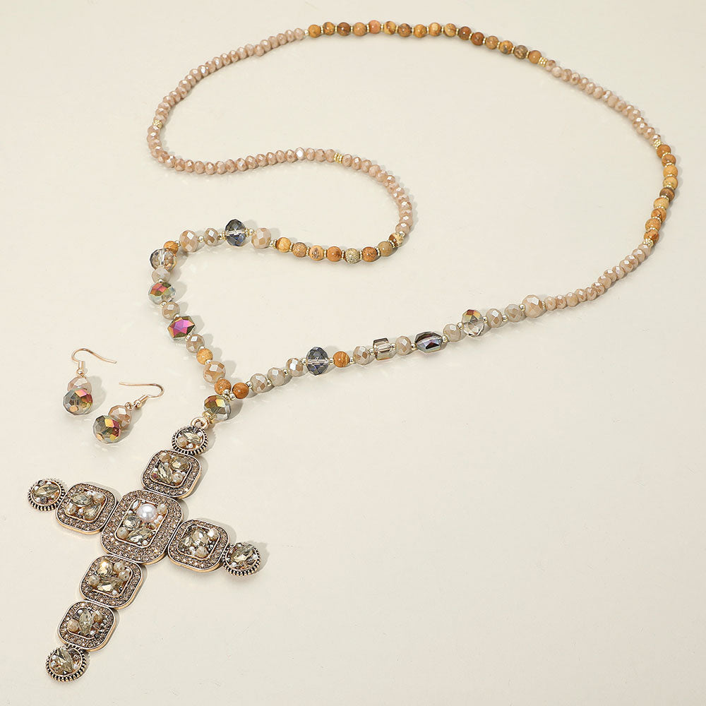 Madeline Love Beige Stone Pearl Embellished Cluster Cross Pendant Faceted Beaded Long Necklace - Necklaces - extra