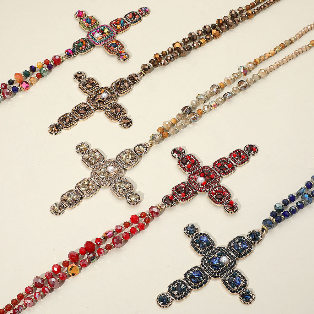 Madeline Love Beige Stone Pearl Embellished Cluster Cross Pendant Faceted Beaded Long Necklace - Necklaces - extra
