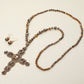 Madeline Love Brown Stone Pearl Embellished Cluster Cross Pendant Faceted Beaded Long Necklace - Necklaces - extra