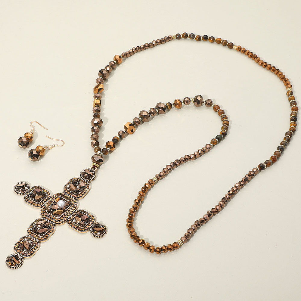 Madeline Love Brown Stone Pearl Embellished Cluster Cross Pendant Faceted Beaded Long Necklace - Necklaces - extra