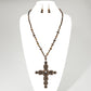 Madeline Love Brown Stone Pearl Embellished Cluster Cross Pendant Faceted Beaded Long Necklace - Necklaces - extra