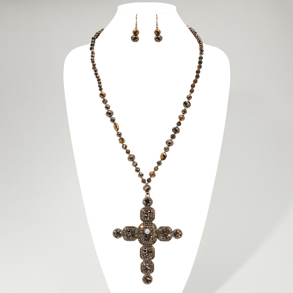 Madeline Love Brown Stone Pearl Embellished Cluster Cross Pendant Faceted Beaded Long Necklace - Necklaces - extra