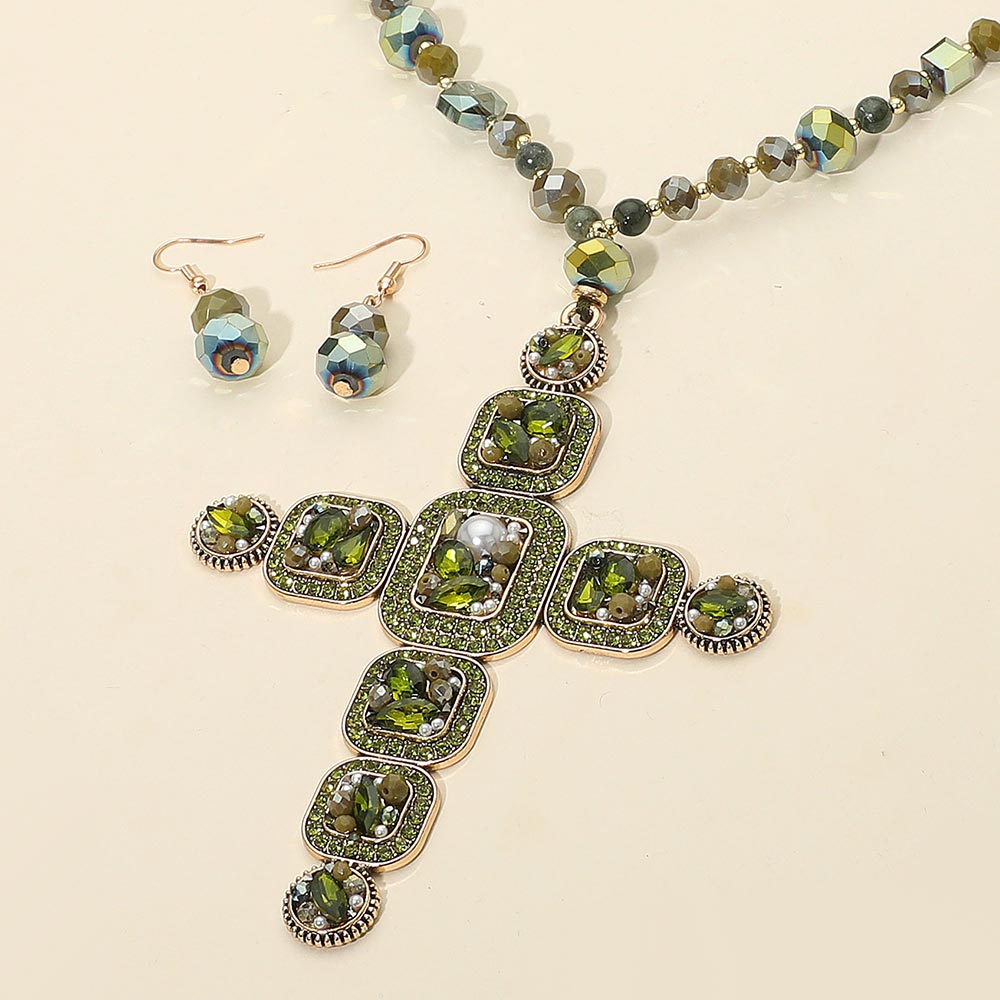 Madeline Love Green Stone Pearl Embellished Cluster Cross Pendant Faceted Beaded Long Necklace - Necklaces