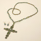 Madeline Love Green Stone Pearl Embellished Cluster Cross Pendant Faceted Beaded Long Necklace - Necklaces - desc