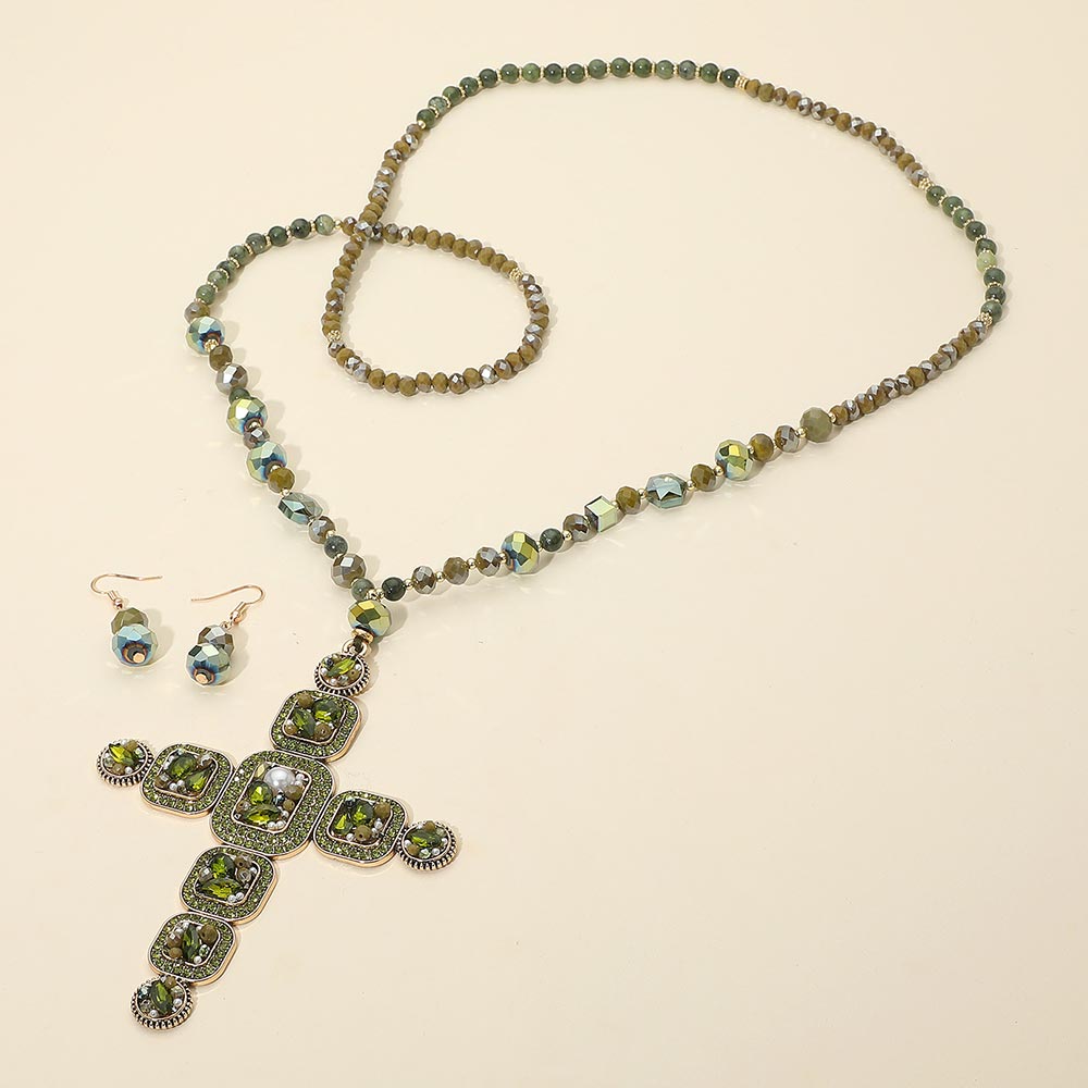 Madeline Love Green Stone Pearl Embellished Cluster Cross Pendant Faceted Beaded Long Necklace - Necklaces - desc