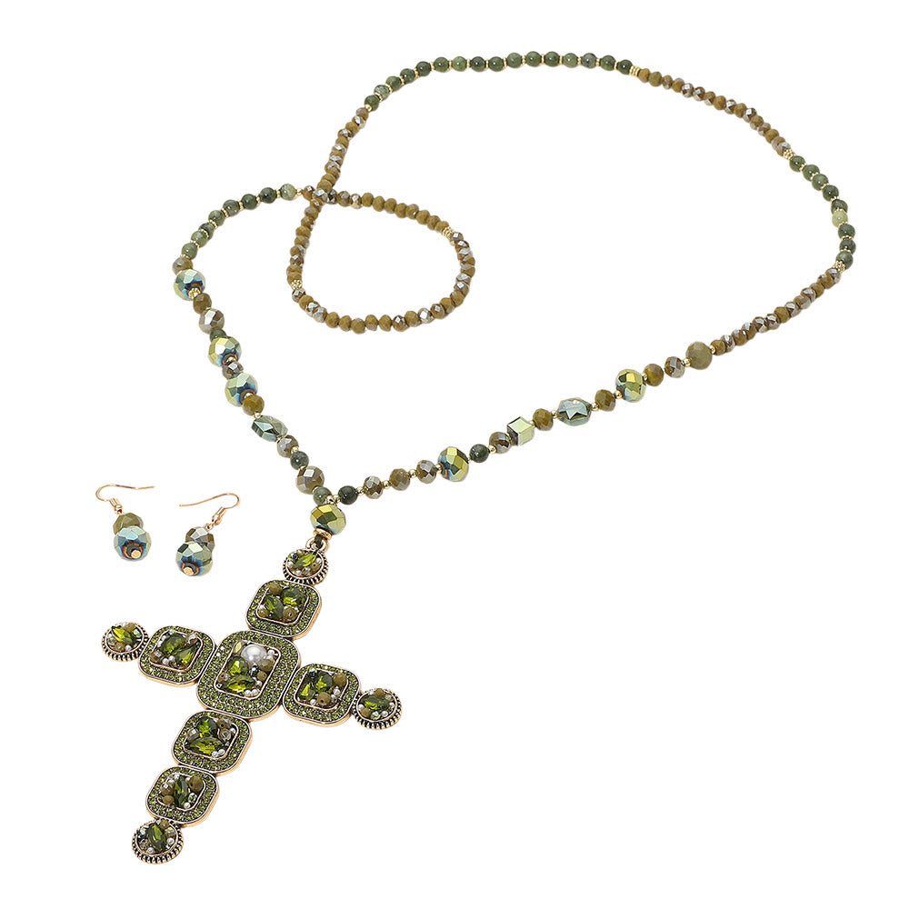 Madeline Love Green Stone Pearl Embellished Cluster Cross Pendant Faceted Beaded Long Necklace - Necklaces - extra
