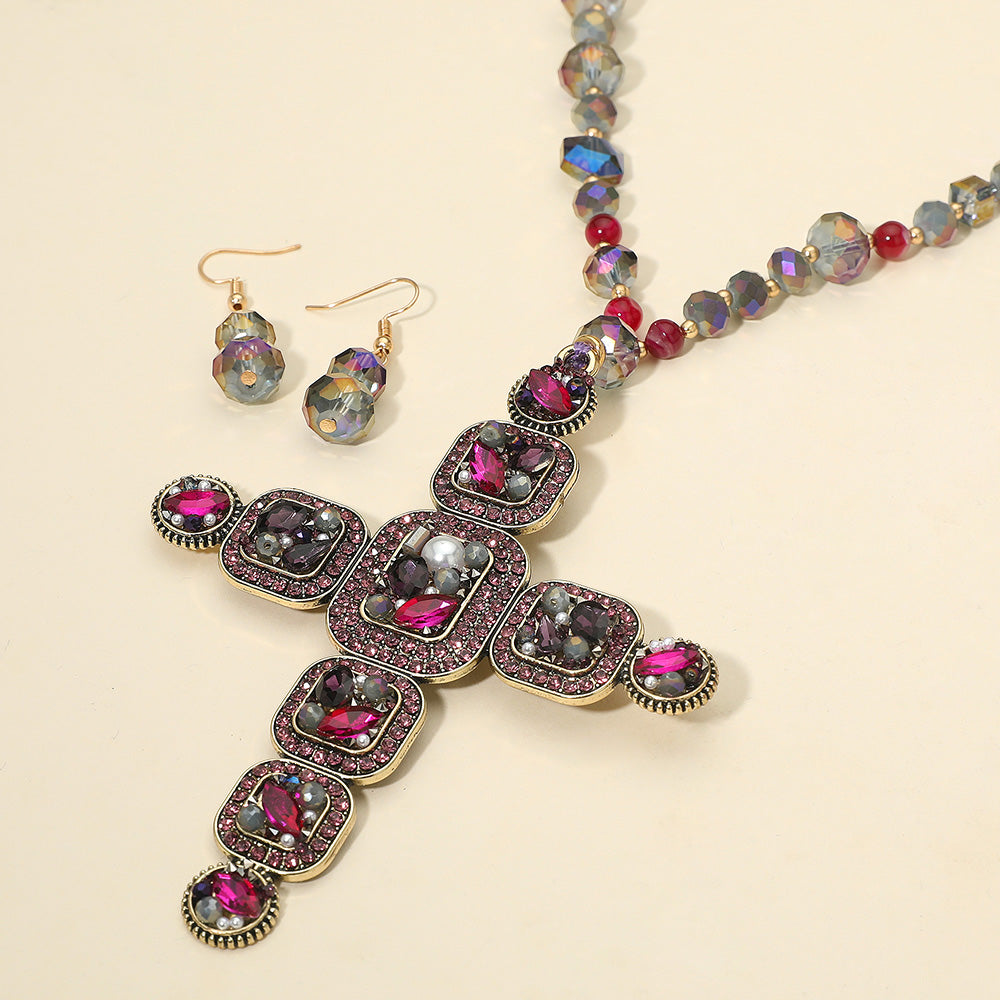 Madeline Love Purple Stone Pearl Embellished Cluster Cross Pendant Faceted Beaded Long Necklace - Necklaces