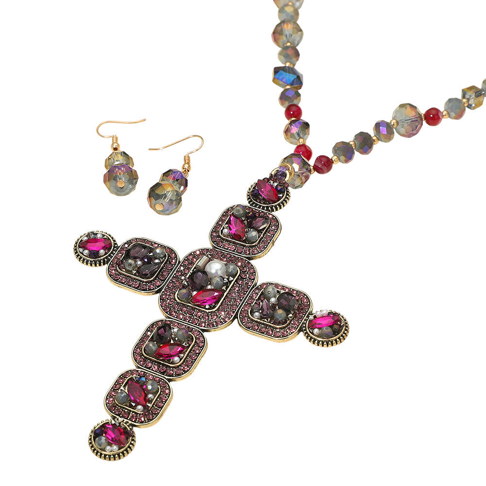 Madeline Love Purple Stone Pearl Embellished Cluster Cross Pendant Faceted Beaded Long Necklace - Necklaces - desc