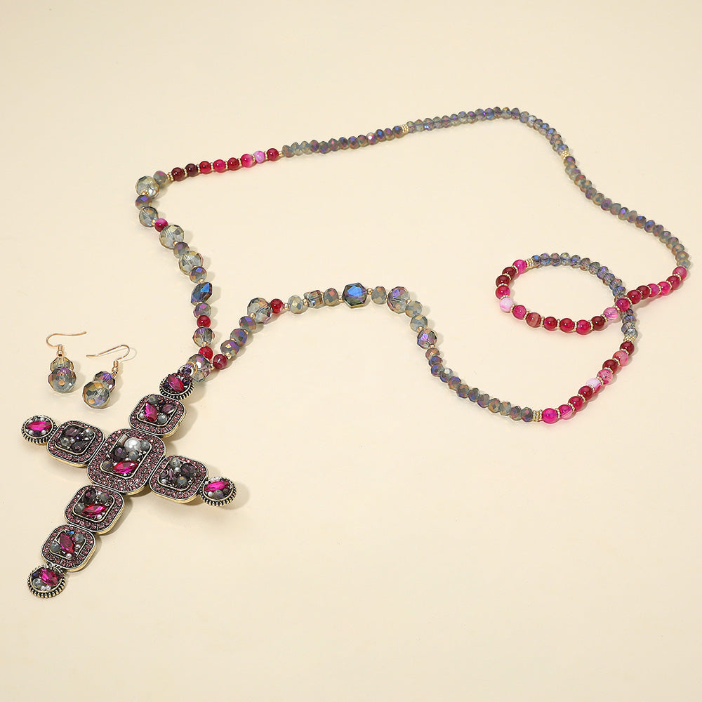 Madeline Love Purple Stone Pearl Embellished Cluster Cross Pendant Faceted Beaded Long Necklace - Necklaces - extra