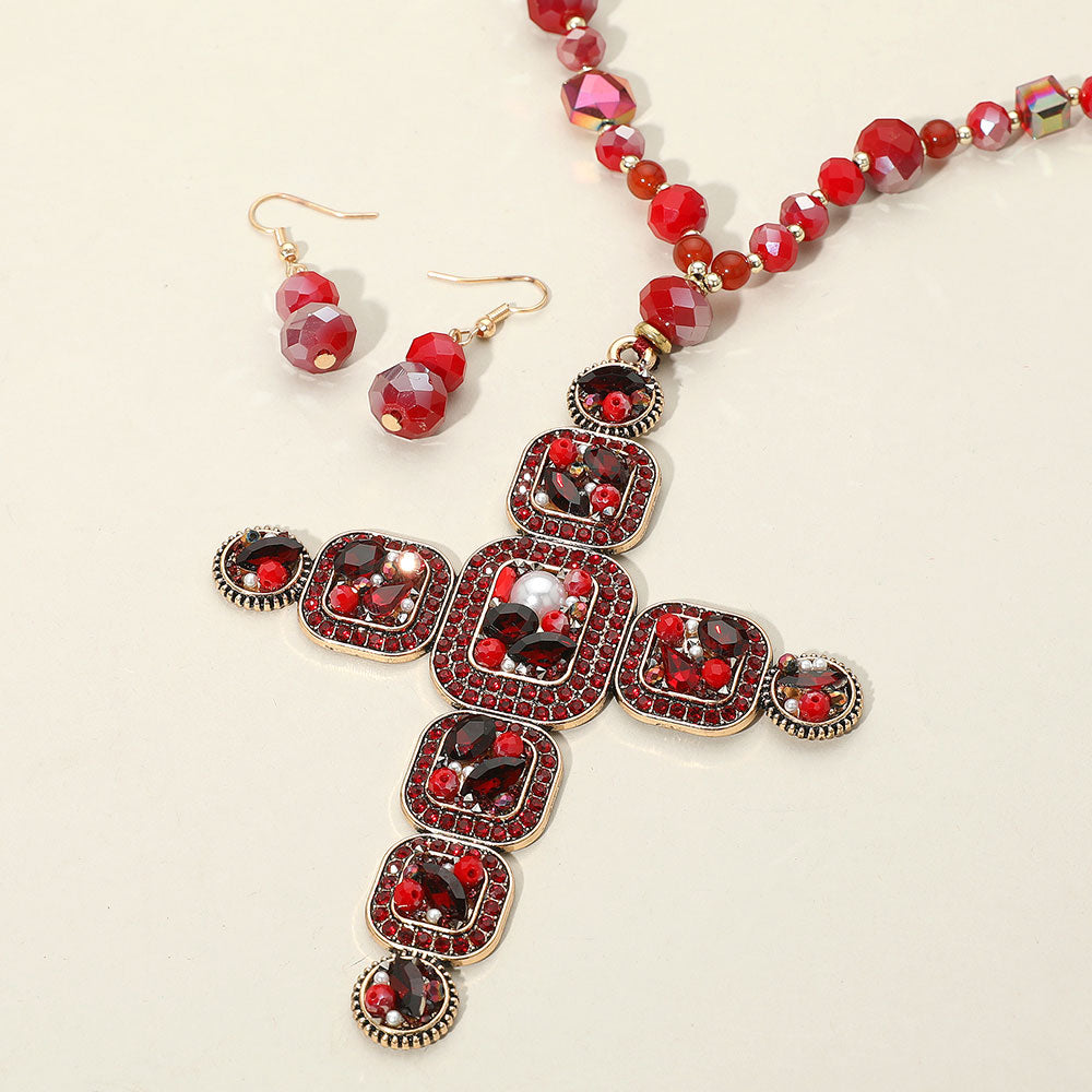 Madeline Love Red Stone Pearl Embellished Cluster Cross Pendant Faceted Beaded Long Necklace - Necklaces