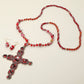 Madeline Love Red Stone Pearl Embellished Cluster Cross Pendant Faceted Beaded Long Necklace - Necklaces - extra