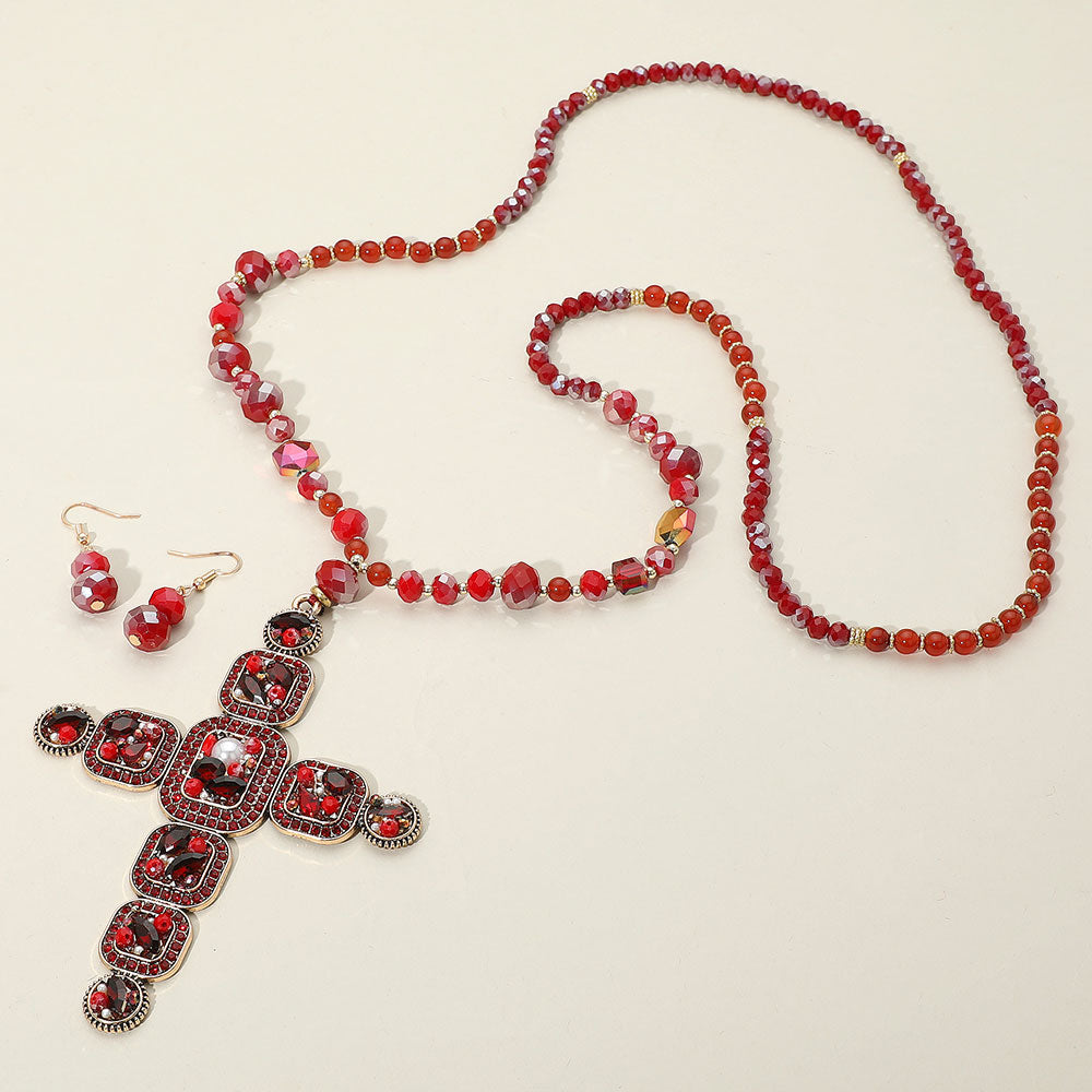 Madeline Love Red Stone Pearl Embellished Cluster Cross Pendant Faceted Beaded Long Necklace - Necklaces - extra