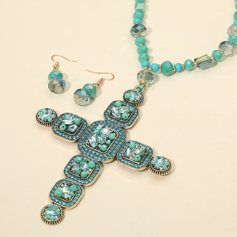 Madeline Love Turquoise Stone Pearl Embellished Cluster Cross Pendant Faceted Beaded Long Necklace - Necklaces