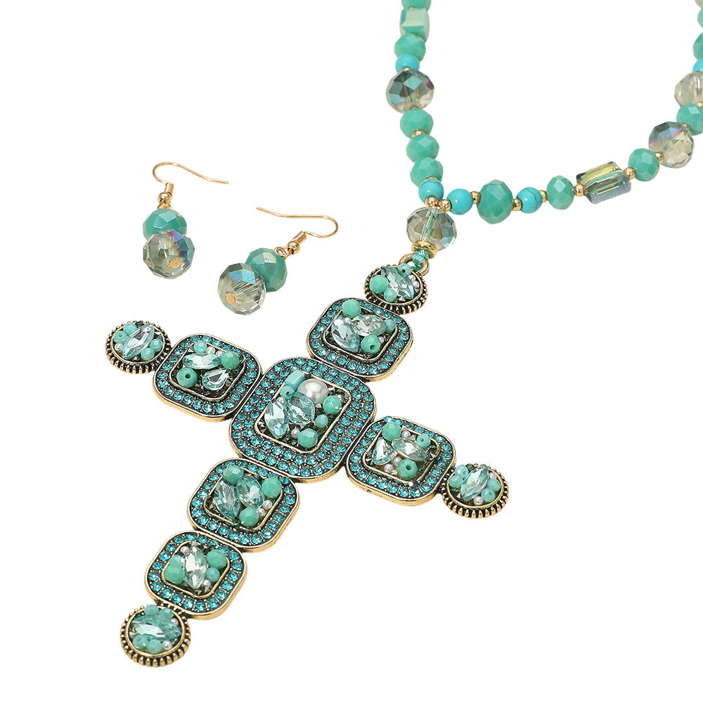 Madeline Love Turquoise Stone Pearl Embellished Cluster Cross Pendant Faceted Beaded Long Necklace - Necklaces - desc