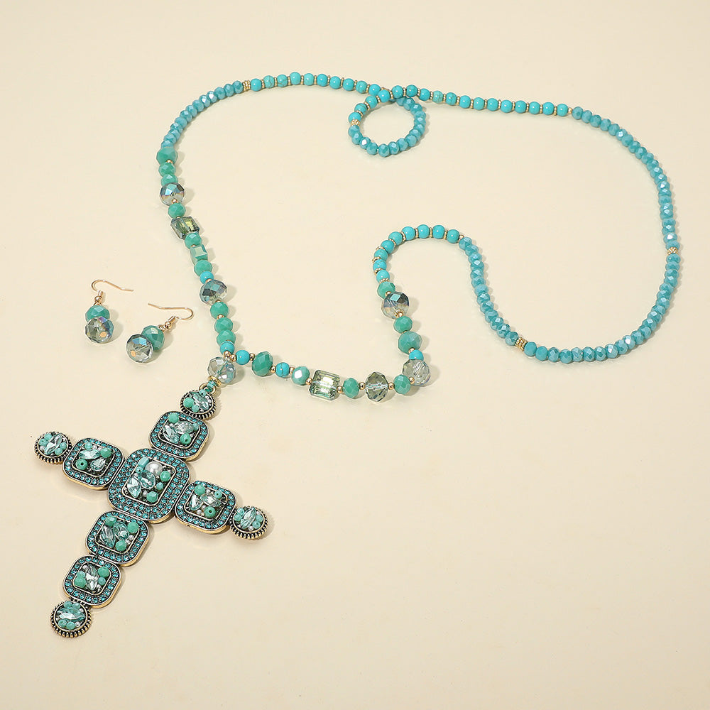 Madeline Love Turquoise Stone Pearl Embellished Cluster Cross Pendant Faceted Beaded Long Necklace - Necklaces - extra