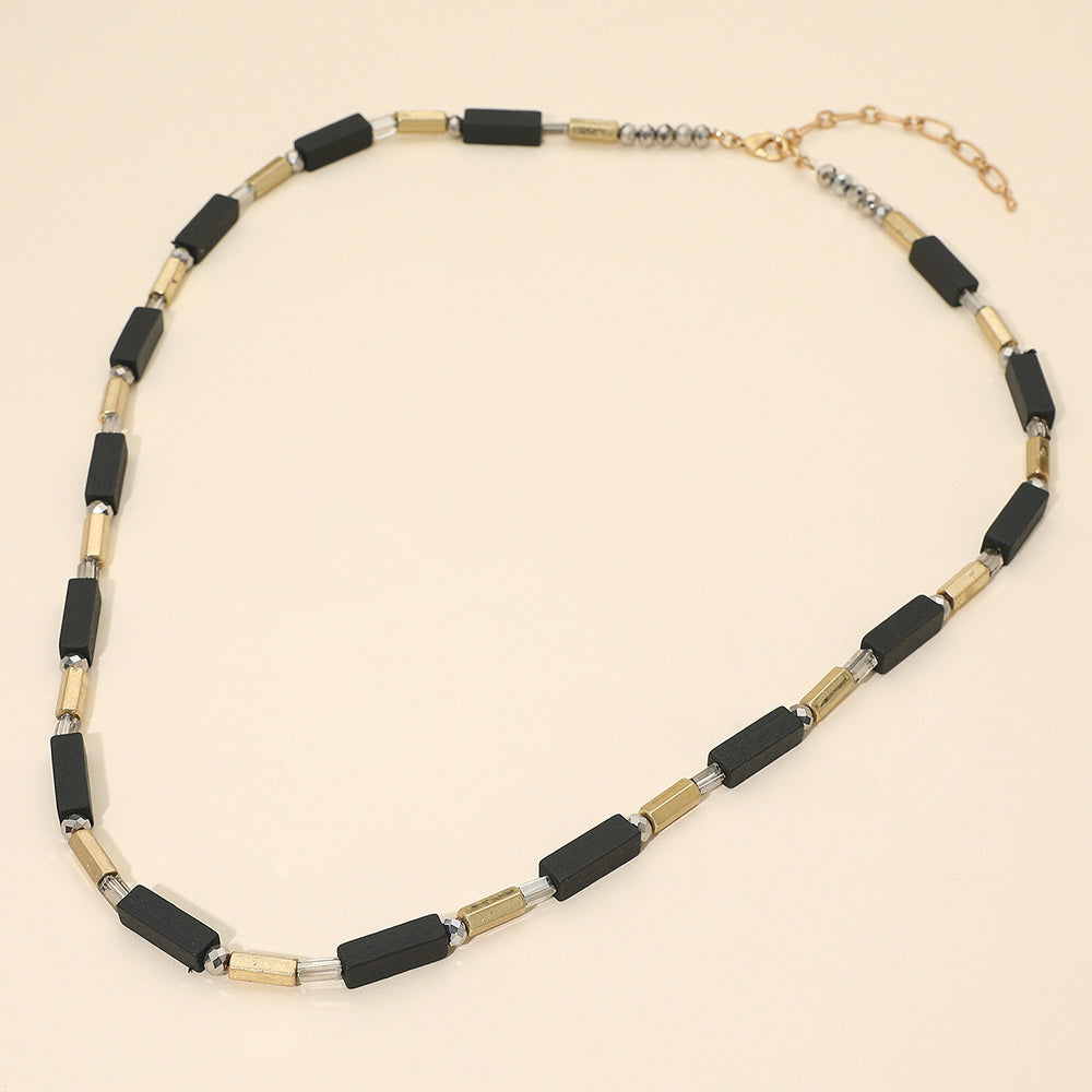 Madeline Love Black Structured Wooden Metal Bar Beaded Long Necklace - Necklaces