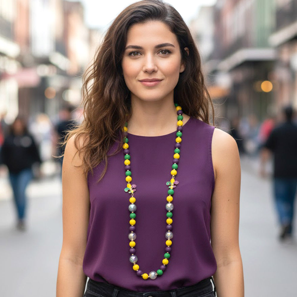 Madeline Love Multi Mardi Gras Fleur de Lis Charm Wooden Beaded Long Necklace - Necklaces