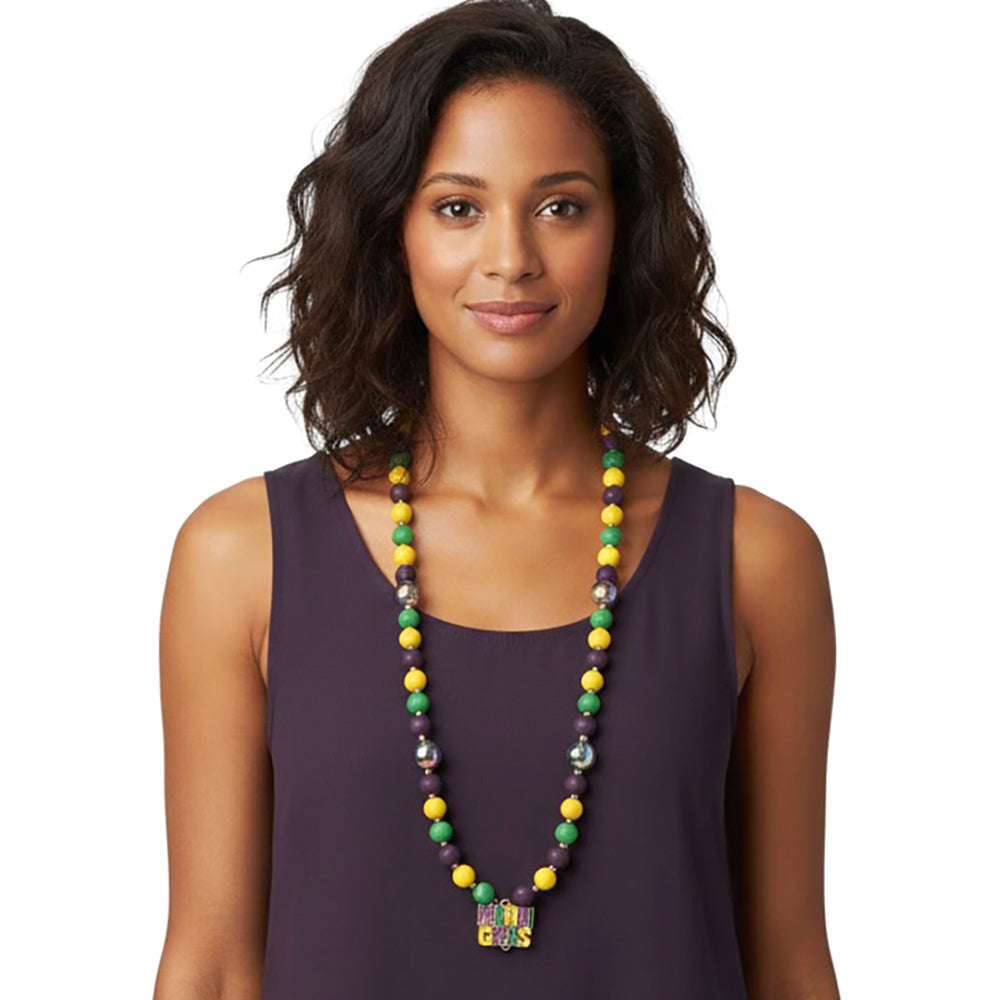 Madeline Love Green, Yellow Mardi Gras Charm Wooden Beaded Long Necklace - Necklaces