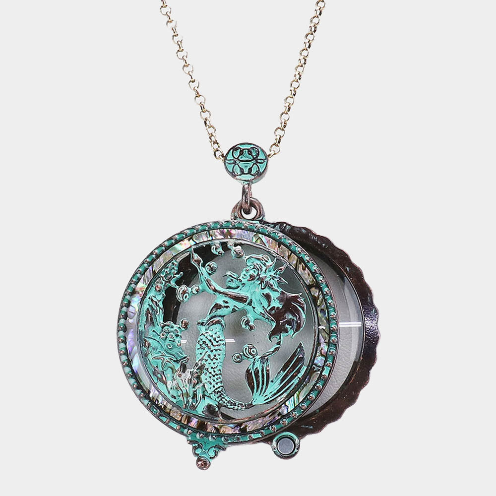 Madeline Love Patina Verdigris Antique Metal Mermaid Magnifying Glass Pendant Long Necklace - Necklaces