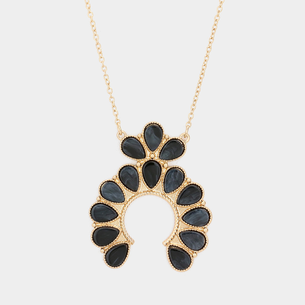Madeline Love Jet Black Celluloid Acetate Teardrop Squash Blossom Pendant Long Necklace - Necklaces