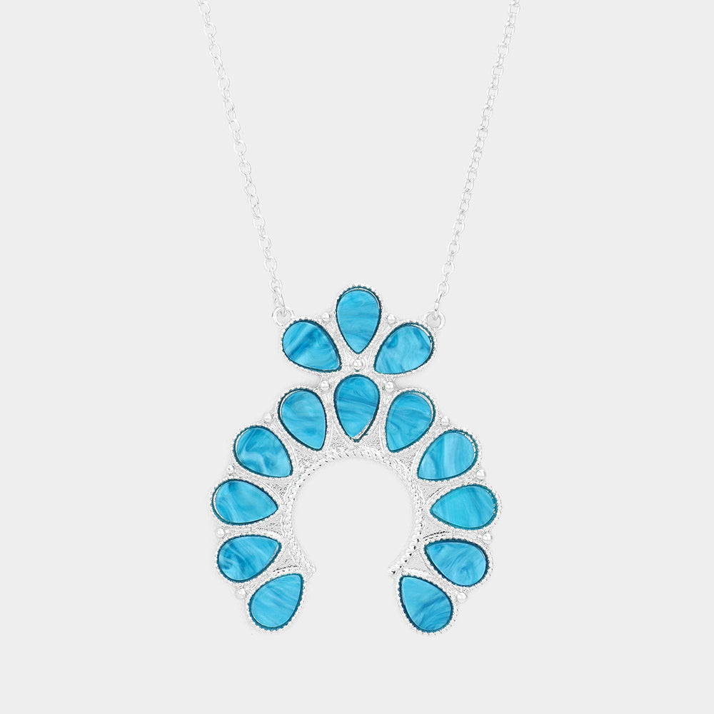 Madeline Love Teal Celluloid Acetate Teardrop Squash Blossom Pendant Long Necklace - Necklaces
