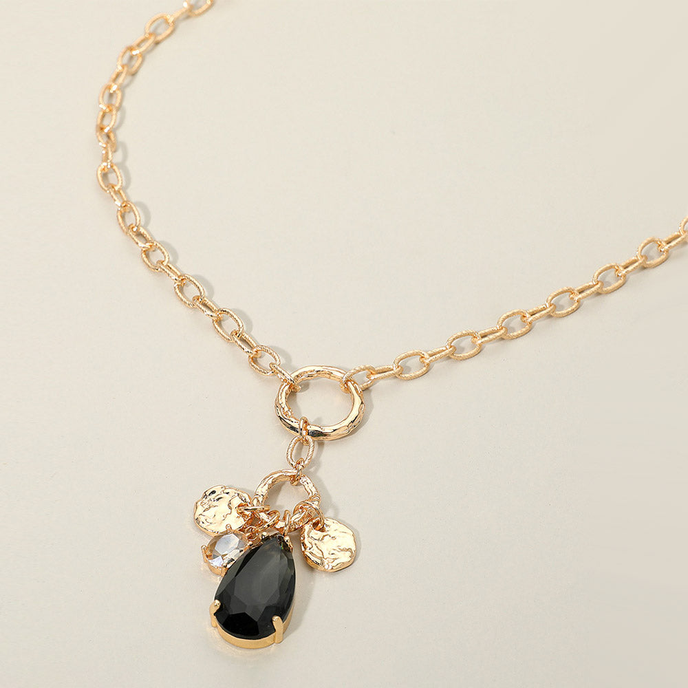 Madeline Love Black Diamond Teardrop Oval Stone Cluster Textured Medal Pendant Long Necklace - Necklaces