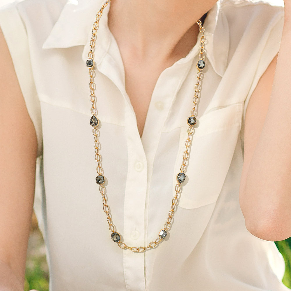 Madeline Love Black Diamond Elegant Faceted Square Teardrop Oval Emerald Stone Accent Long Necklace