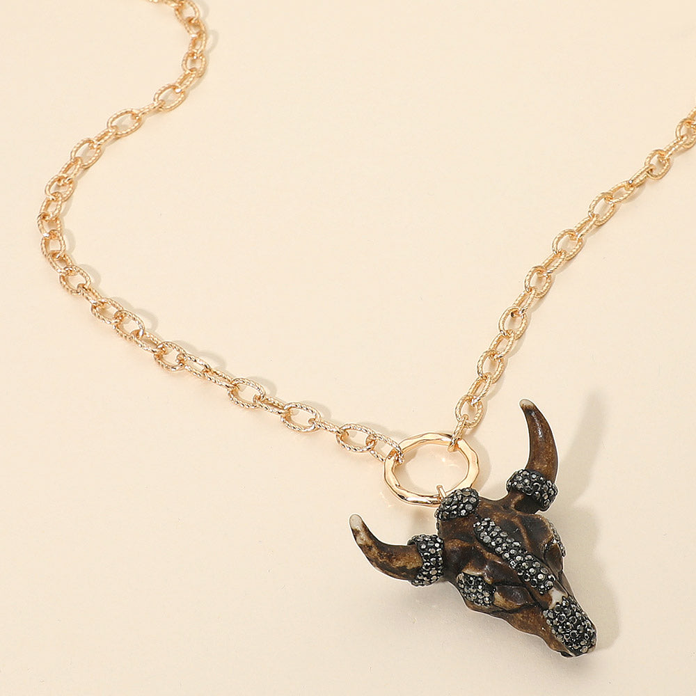 Madeline Love Brown Bling Studded Western Bull Skull Pendant Long Necklace - Necklaces