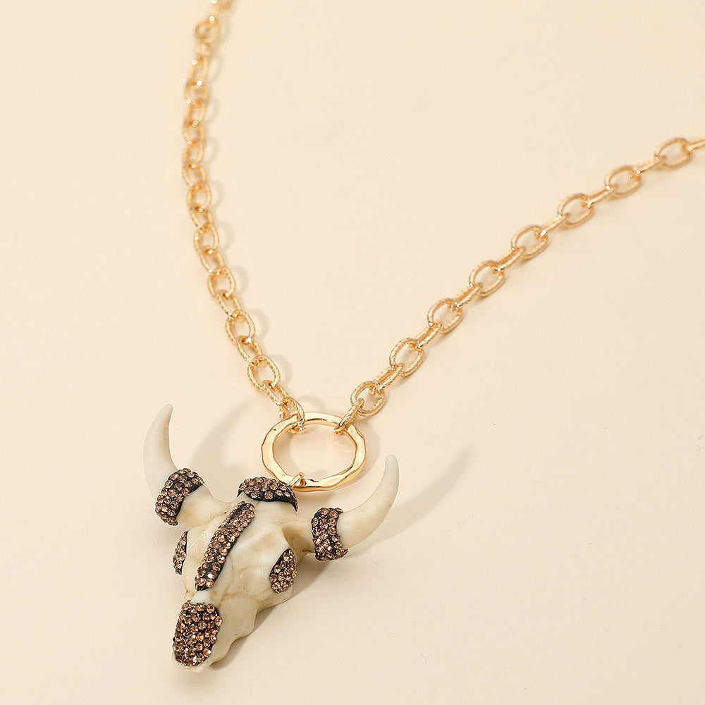 Madeline Love White Bling Studded Western Bull Skull Pendant Long Necklace - Necklaces