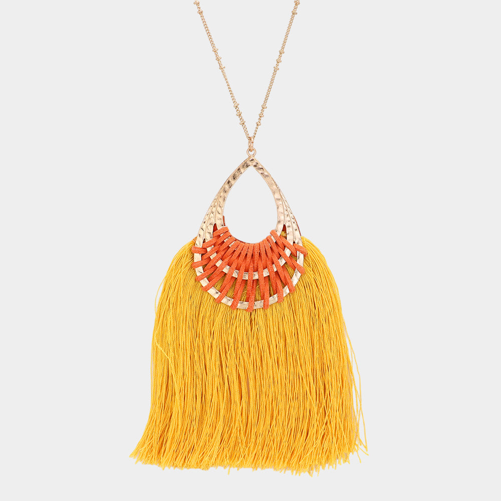 Madeline Love Gold, Mustard Fan Tassel Hammered Teardrop Pendant Long Necklace - Necklaces
