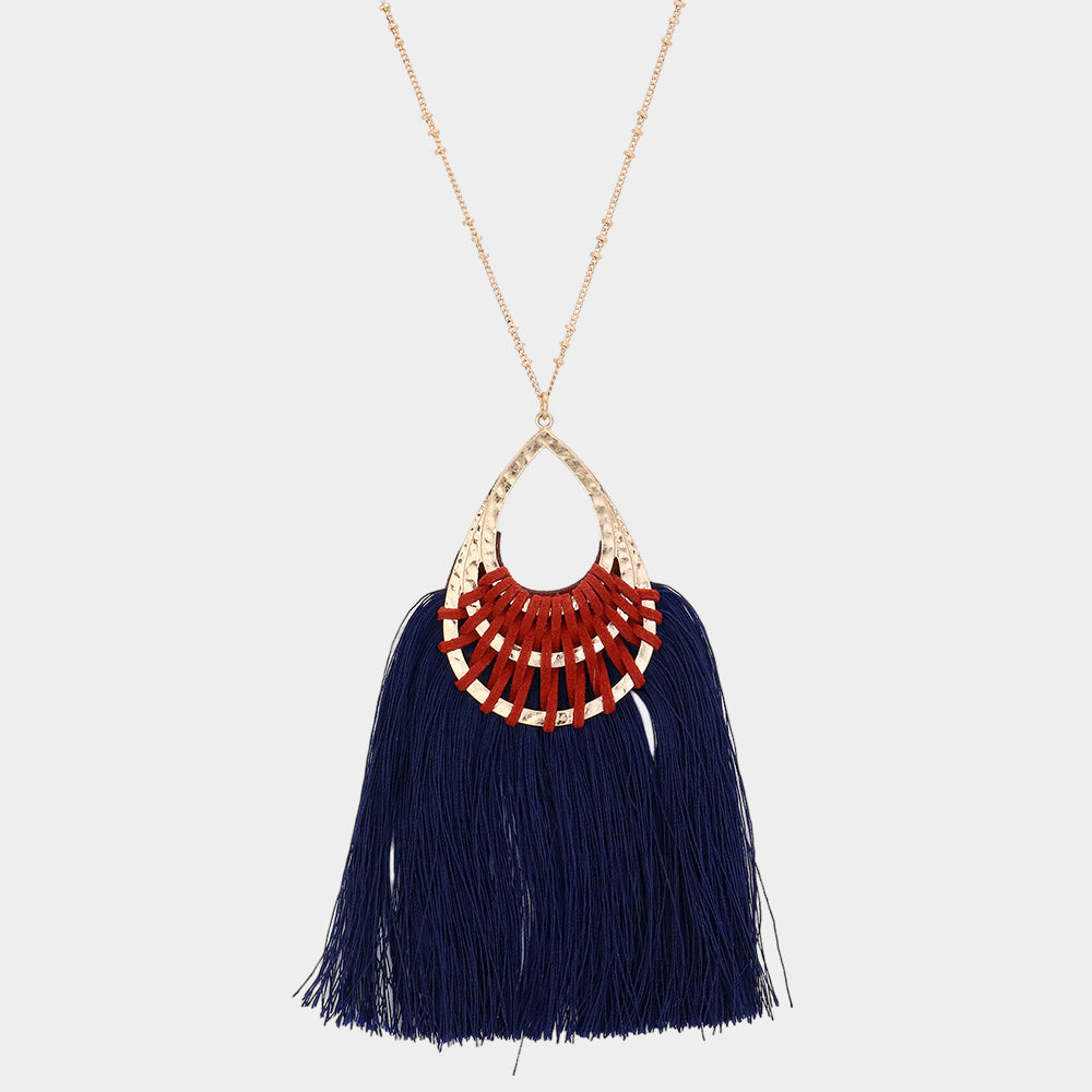 Madeline Love Gold, Navy Fan Tassel Hammered Teardrop Pendant Long Necklace - Necklaces