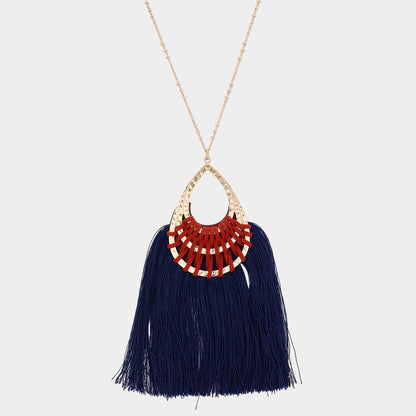 Madeline Love Gold, Navy Fan Tassel Hammered Teardrop Pendant Long Necklace - Necklaces