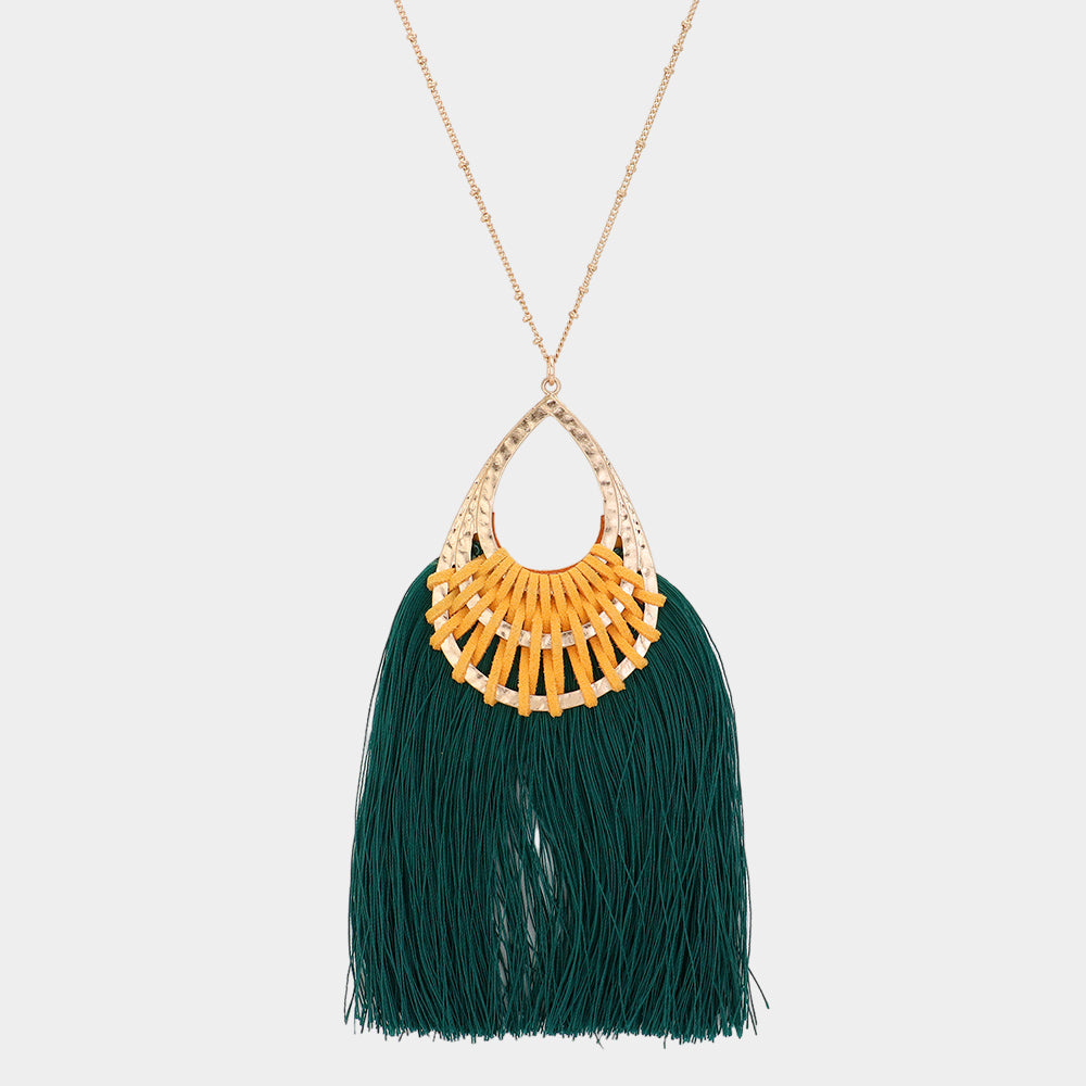 Madeline Love Teal Fan Tassel Hammered Teardrop Pendant Long Necklace - Necklaces