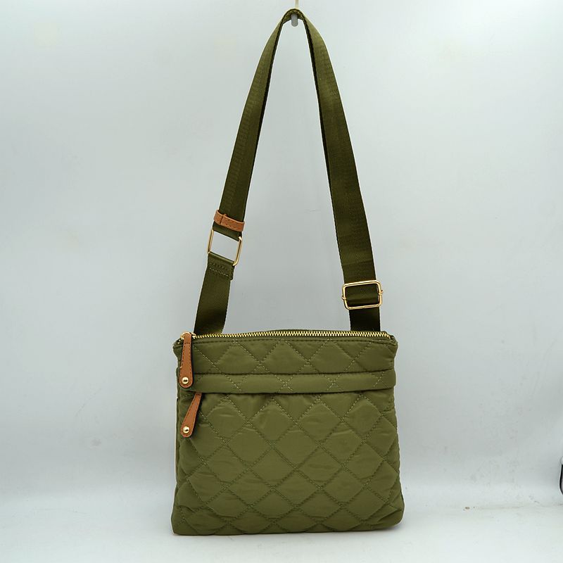 Quilted Crossbody Messenger Bag with Adjustable Strap - Olive - Crossbody Bags