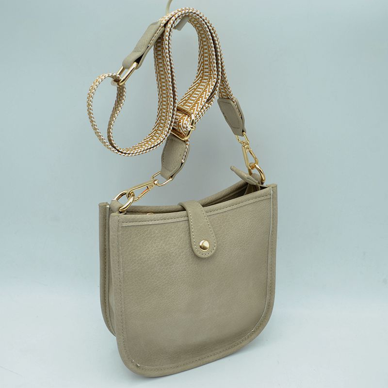 Minimalist Curved Crossbody Bag with Patterned Guitar Strap - Beige - Crossbody Bags