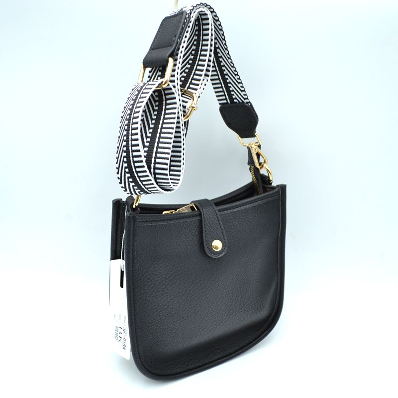 Minimalist Curved Crossbody Bag with Patterned Guitar Strap - Black - Crossbody Bags